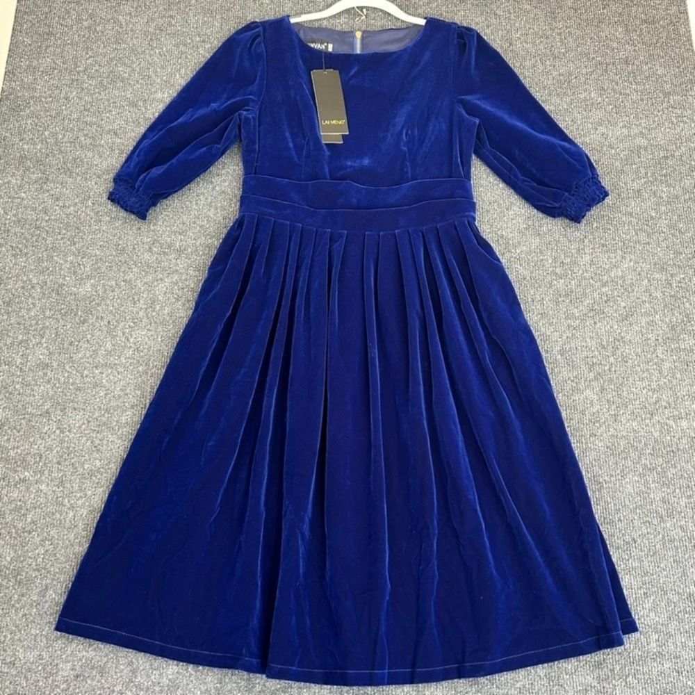 NWT Feiinvan Royal Blue Velvet Swing A-line Midi Party‎ Dress Size 8 Vintage